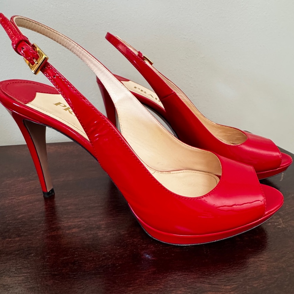 Prada Red Patent Leather Slingback Peep Toe Stiletto Heels EU 39